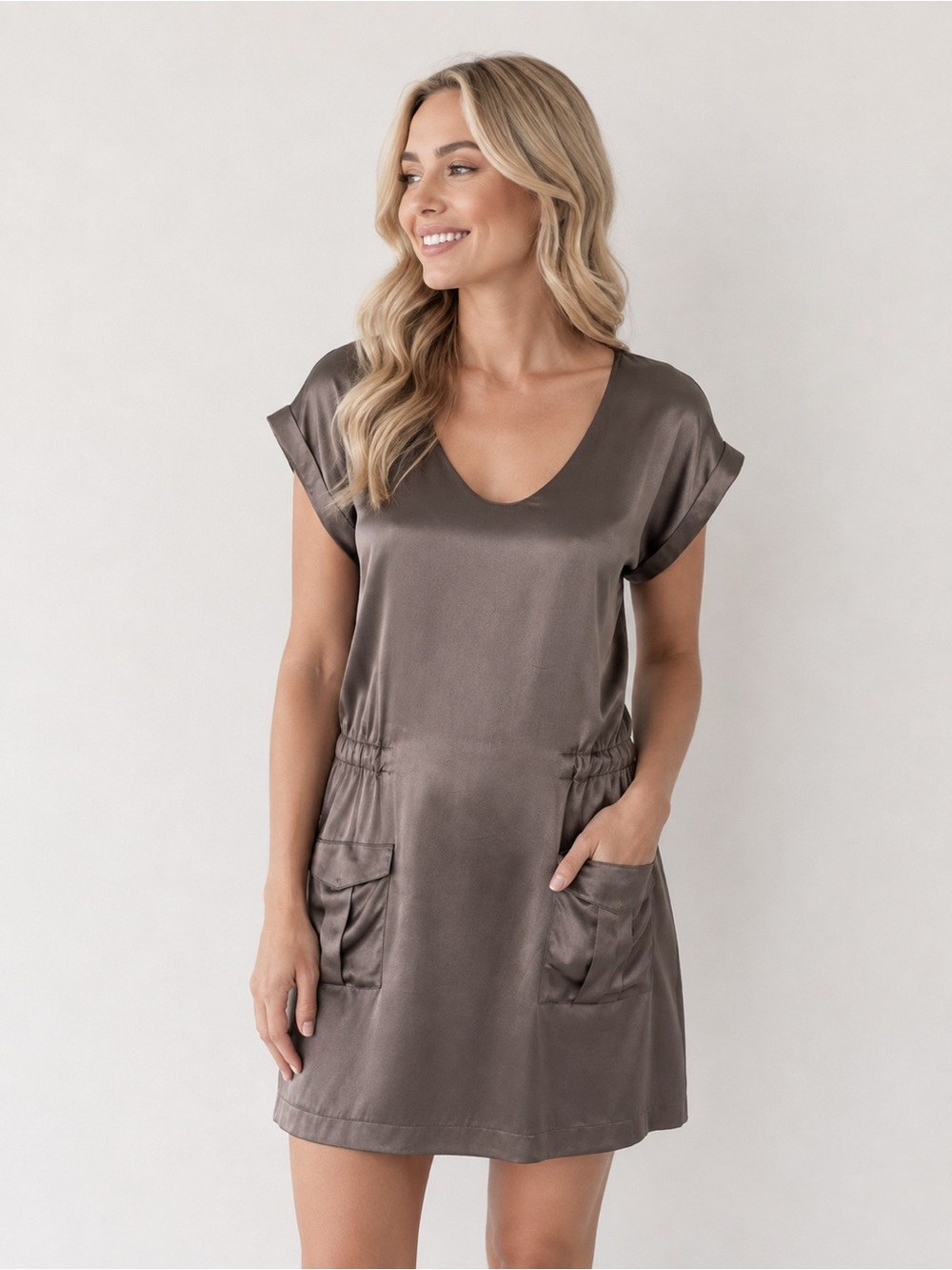 Filippa K Taupe Silk Blend Mini Dress XS Pocket Relaxed Shift